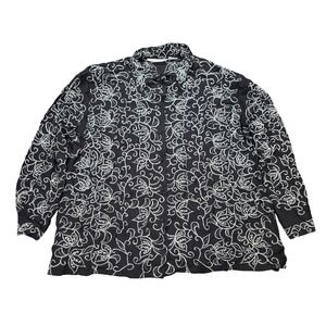 VTG Bali Emerald Metallic Floral Blouse Women's Size Black Silver Embroidered